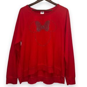 Disney Store Minnie Mouse Rhinestone Sweatshirt Kidcore Red Raglan XL Hi-Low Hem